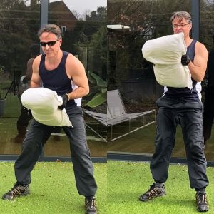 powering the weight overhead using your arms, chest and shoulders