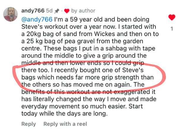 Grip strength testimonial for the GripSack sandbag
